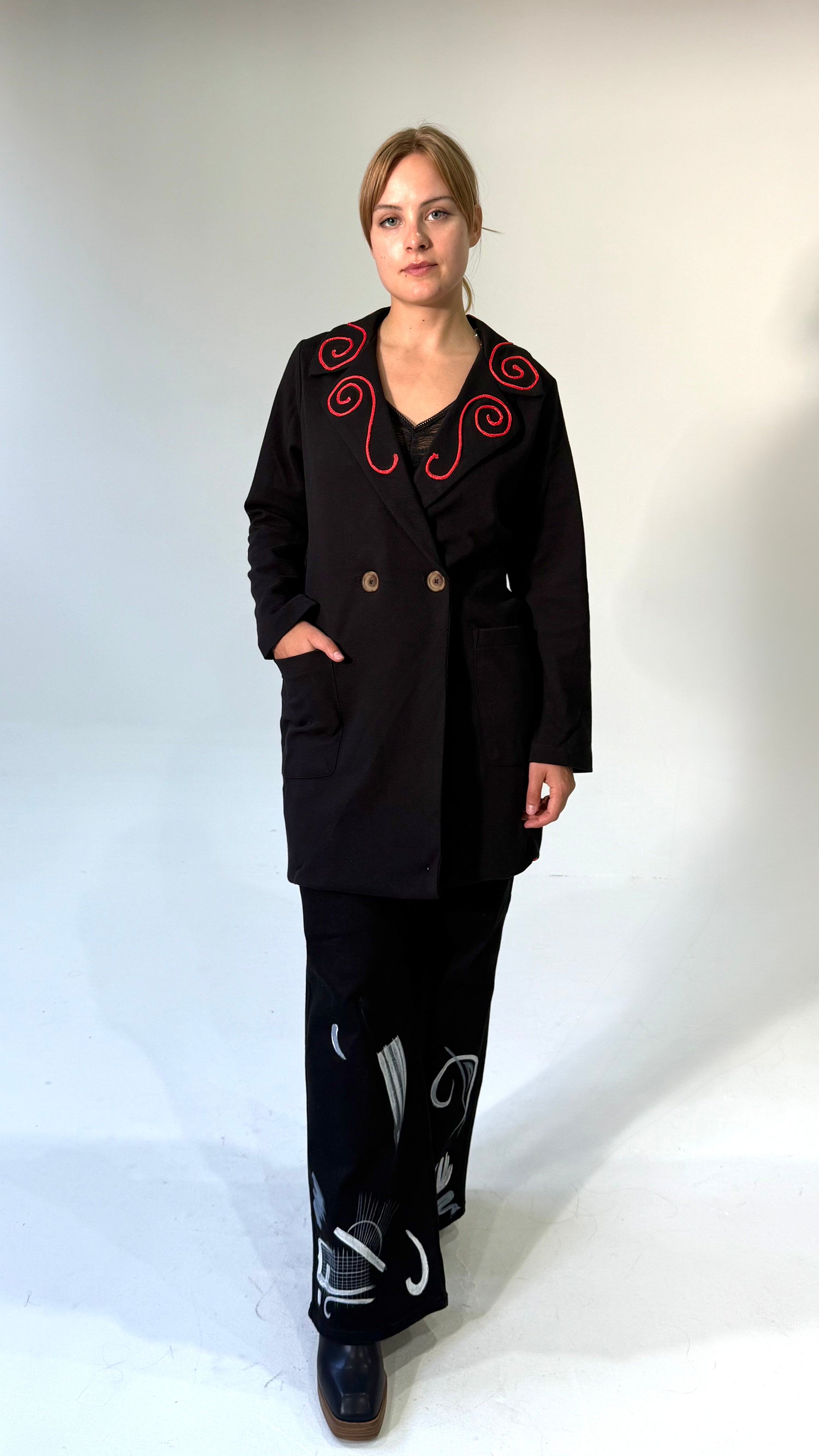 4 Way Wear-Double Breasted Coat- Black/Red Spiral- Made to Order