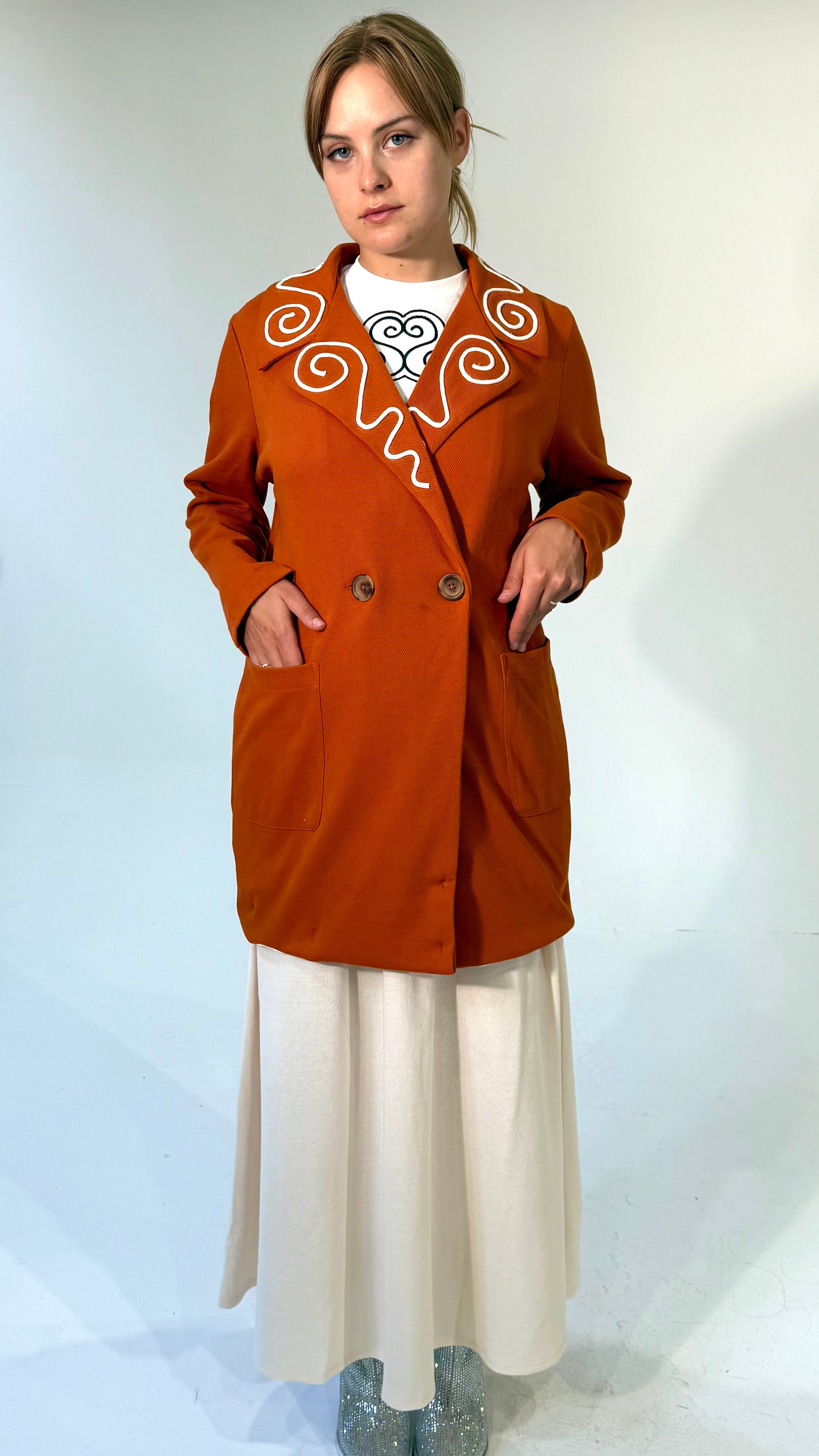 4 Way Wear-Double Breasted Coat- Burnt Orange/White- Made to Order