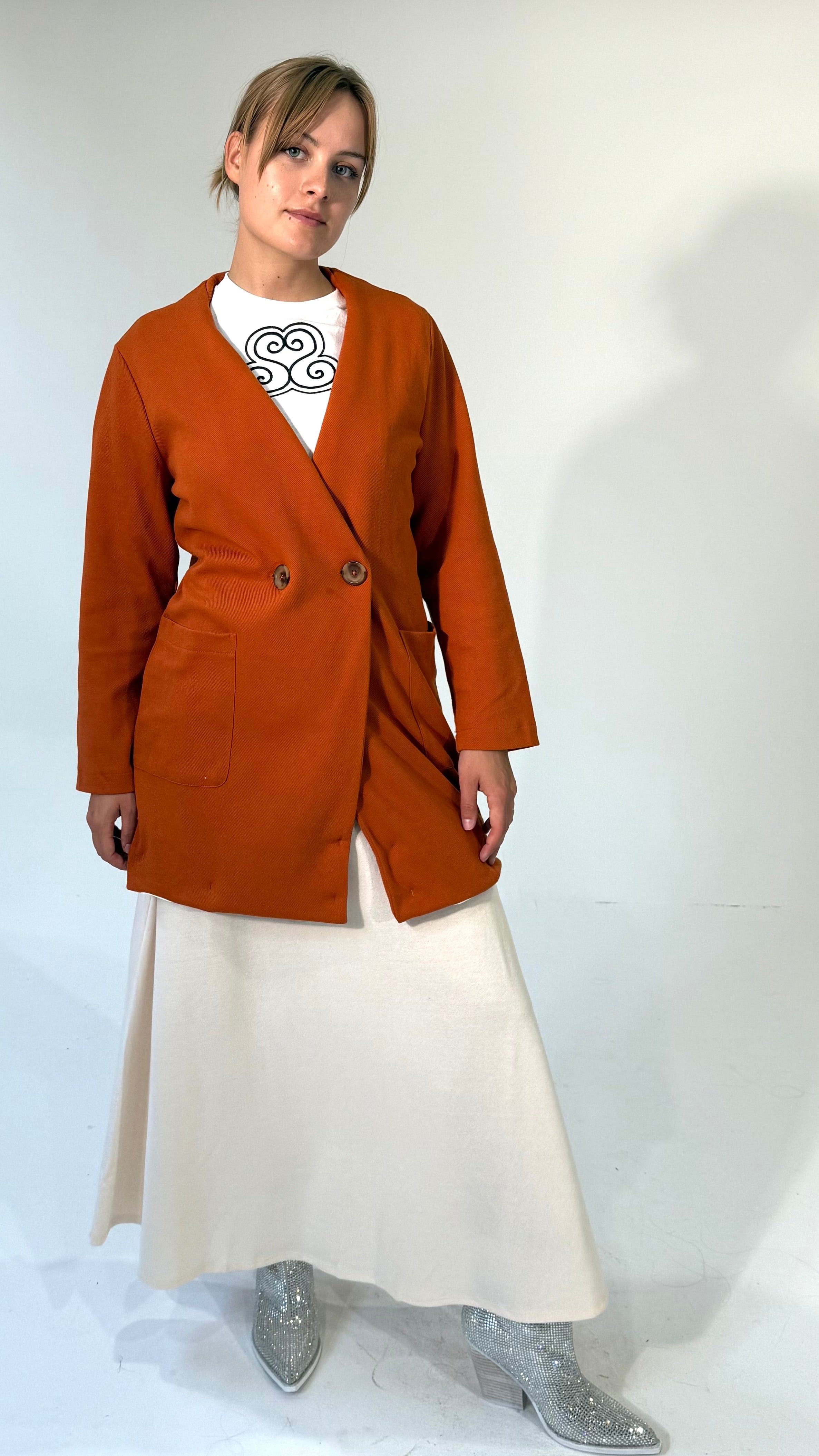 4 Way Wear-Double Breasted Coat- Burnt Orange/White- Made to Order