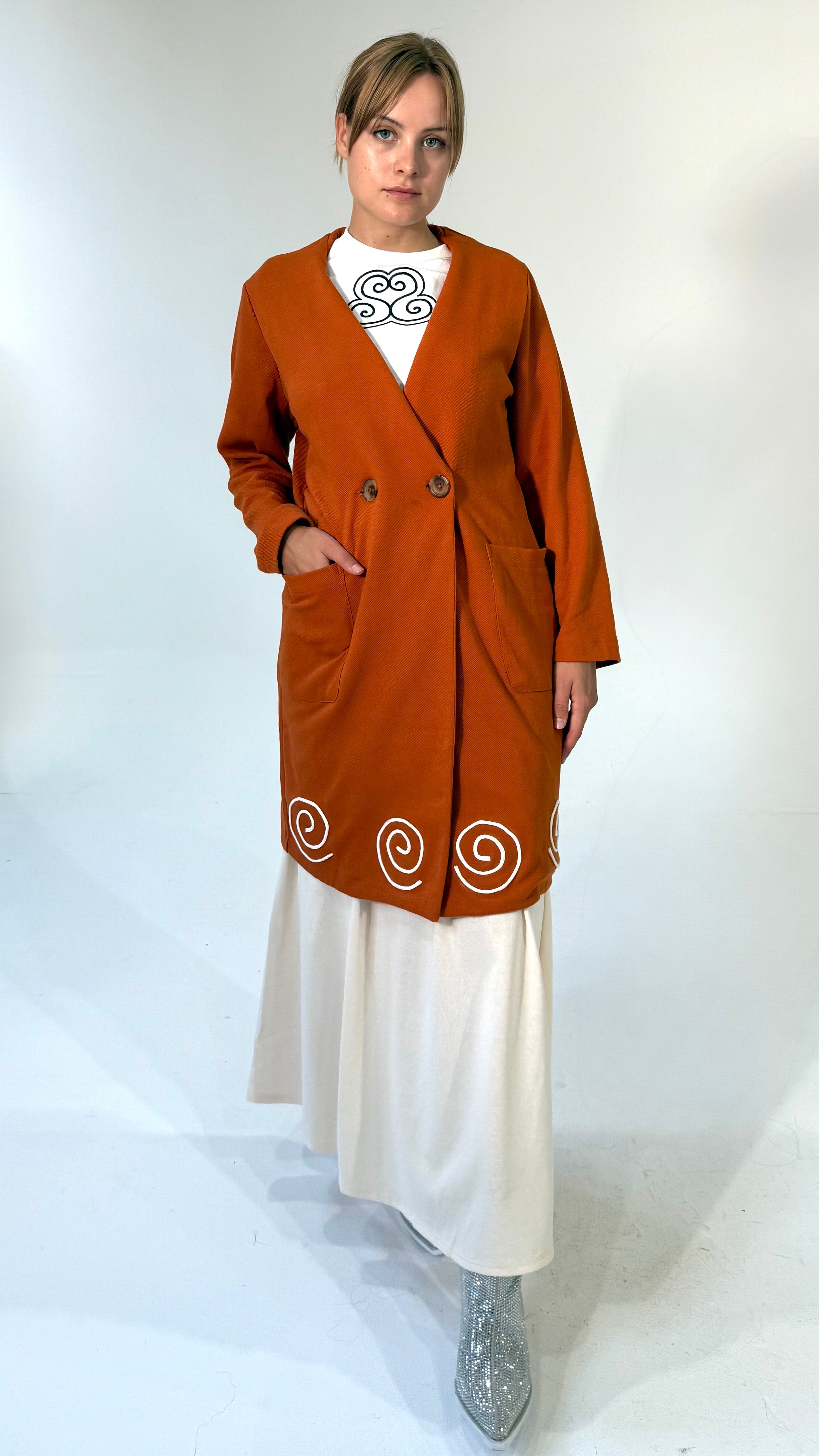 4 Way Wear-Double Breasted Coat- Burnt Orange/White- Made to Order