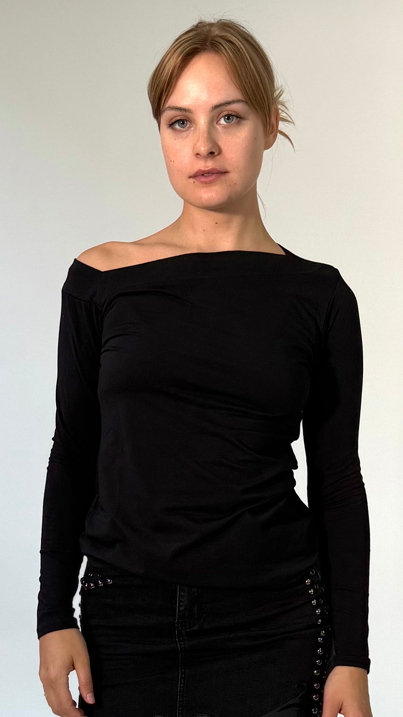 Asymmetrical Neckline Long Sleeved Tee- White or Black