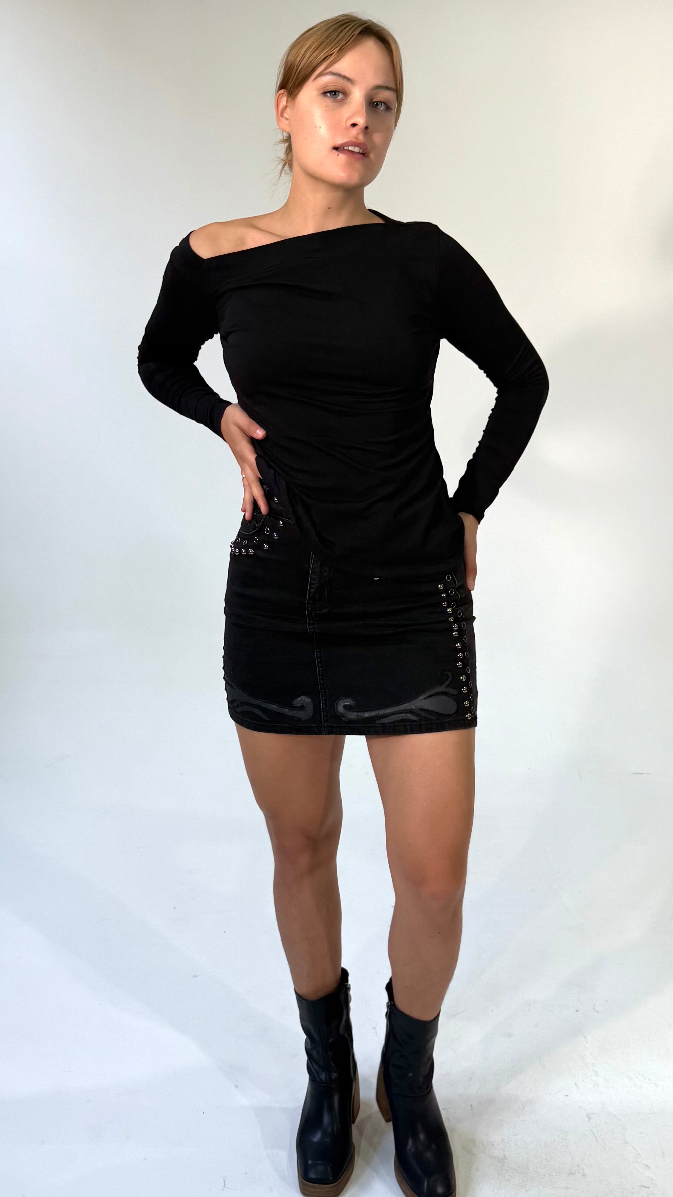 Asymmetrical Neckline Long Sleeved Tee- White or Black