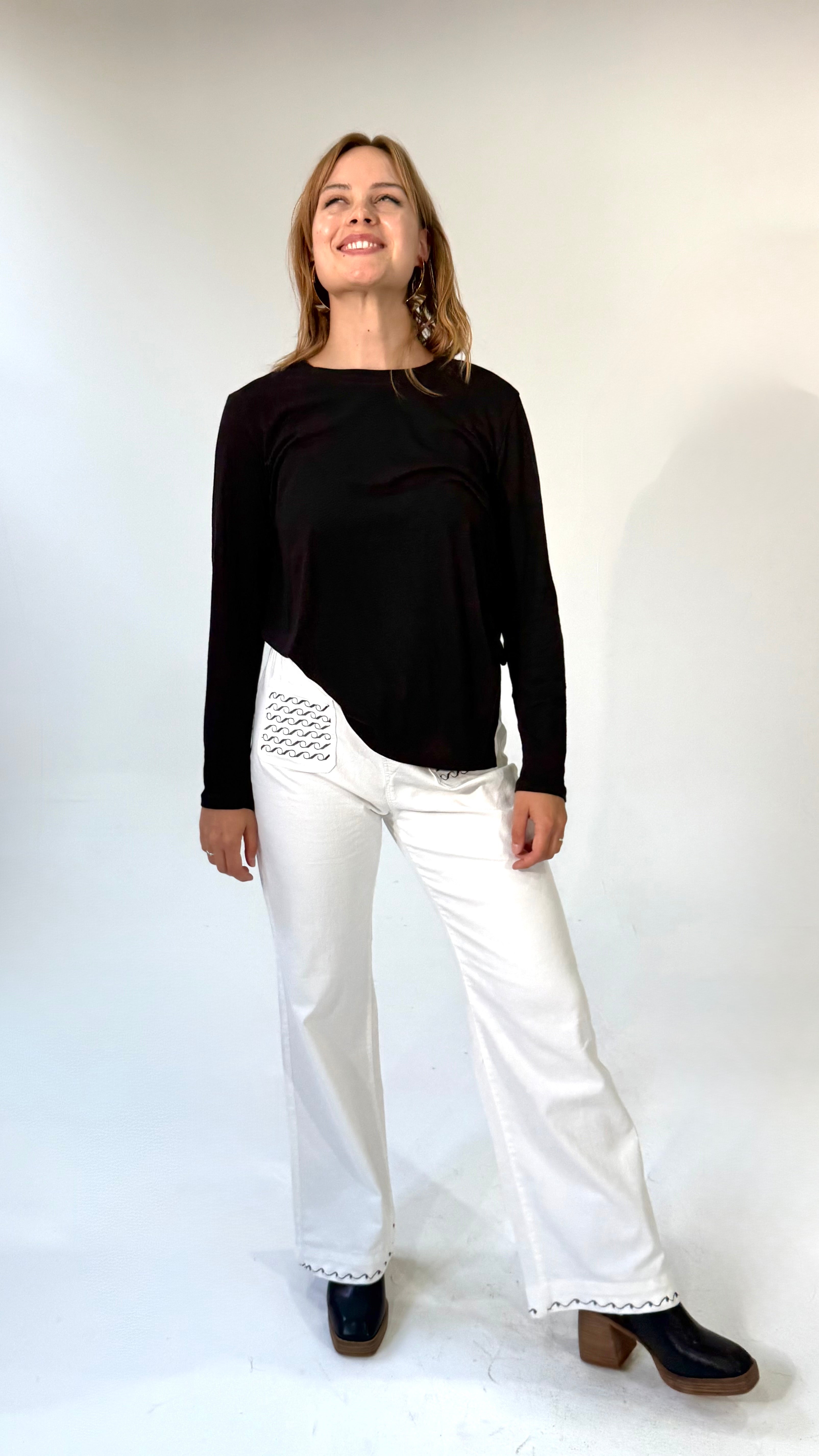Crewneck Top- Asymmetrical Hemline Top-Black