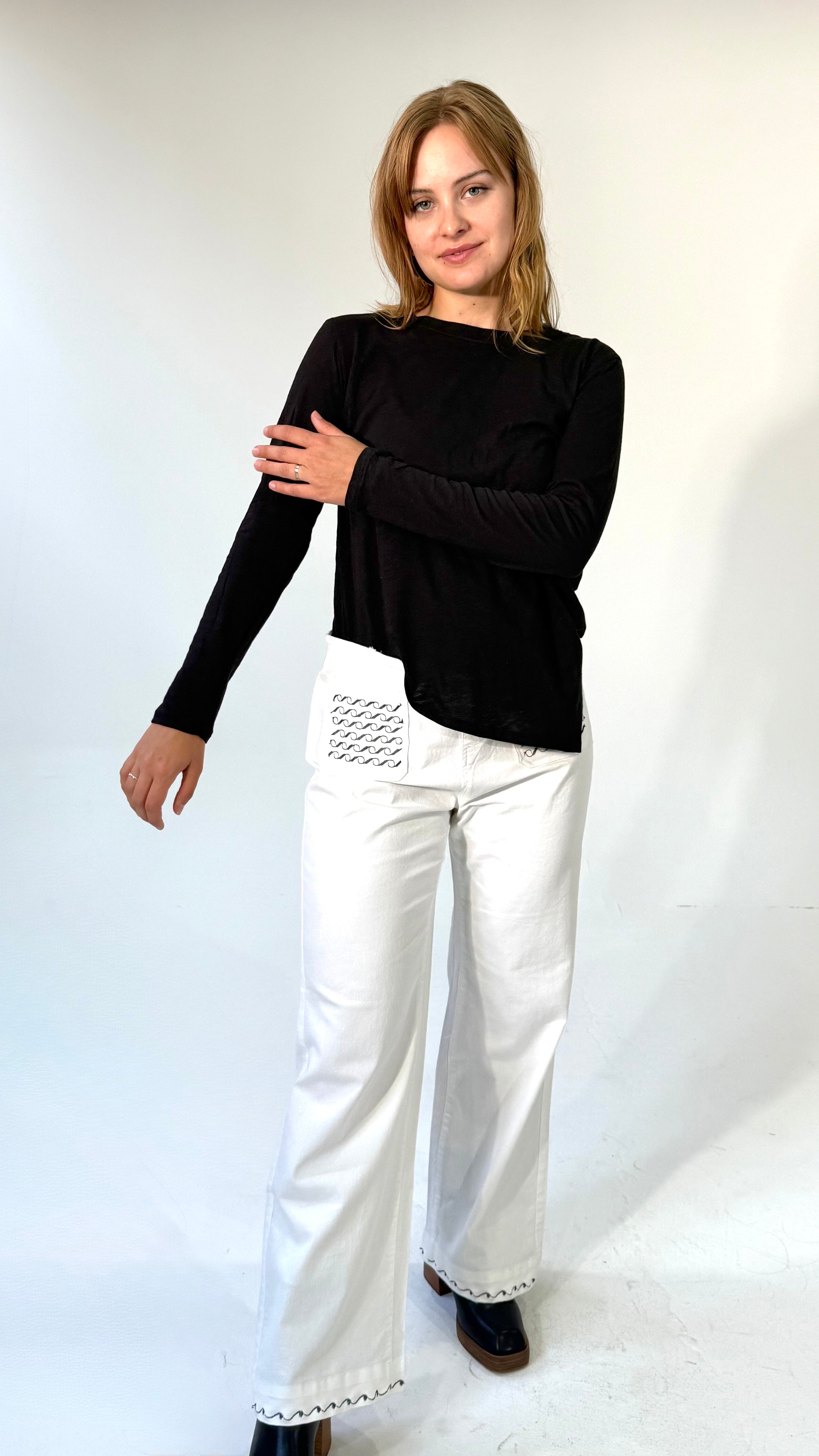 Crewneck Top- Asymmetrical Hemline Top-Black