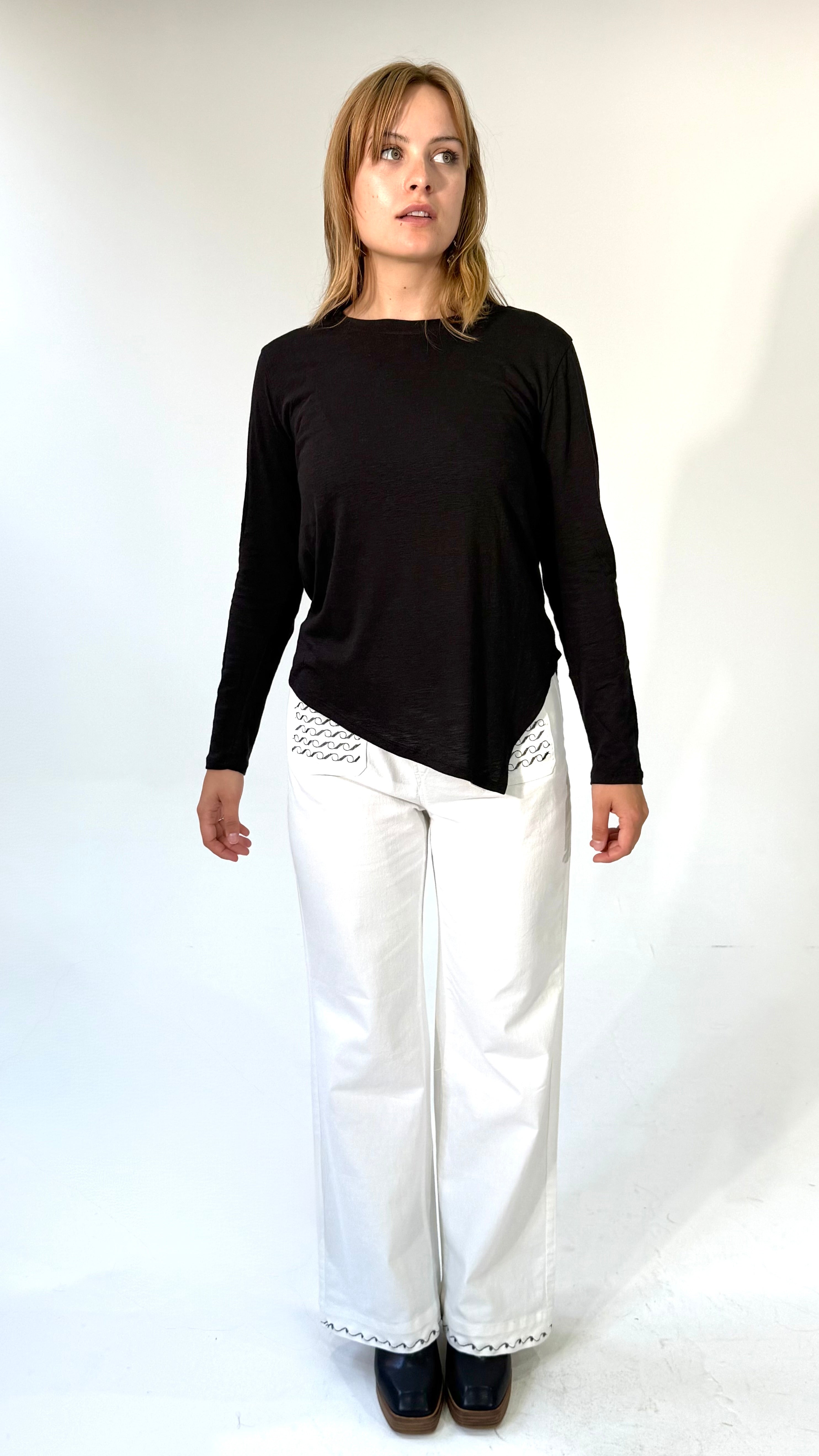 Crewneck Top- Asymmetrical Hemline Top-Black
