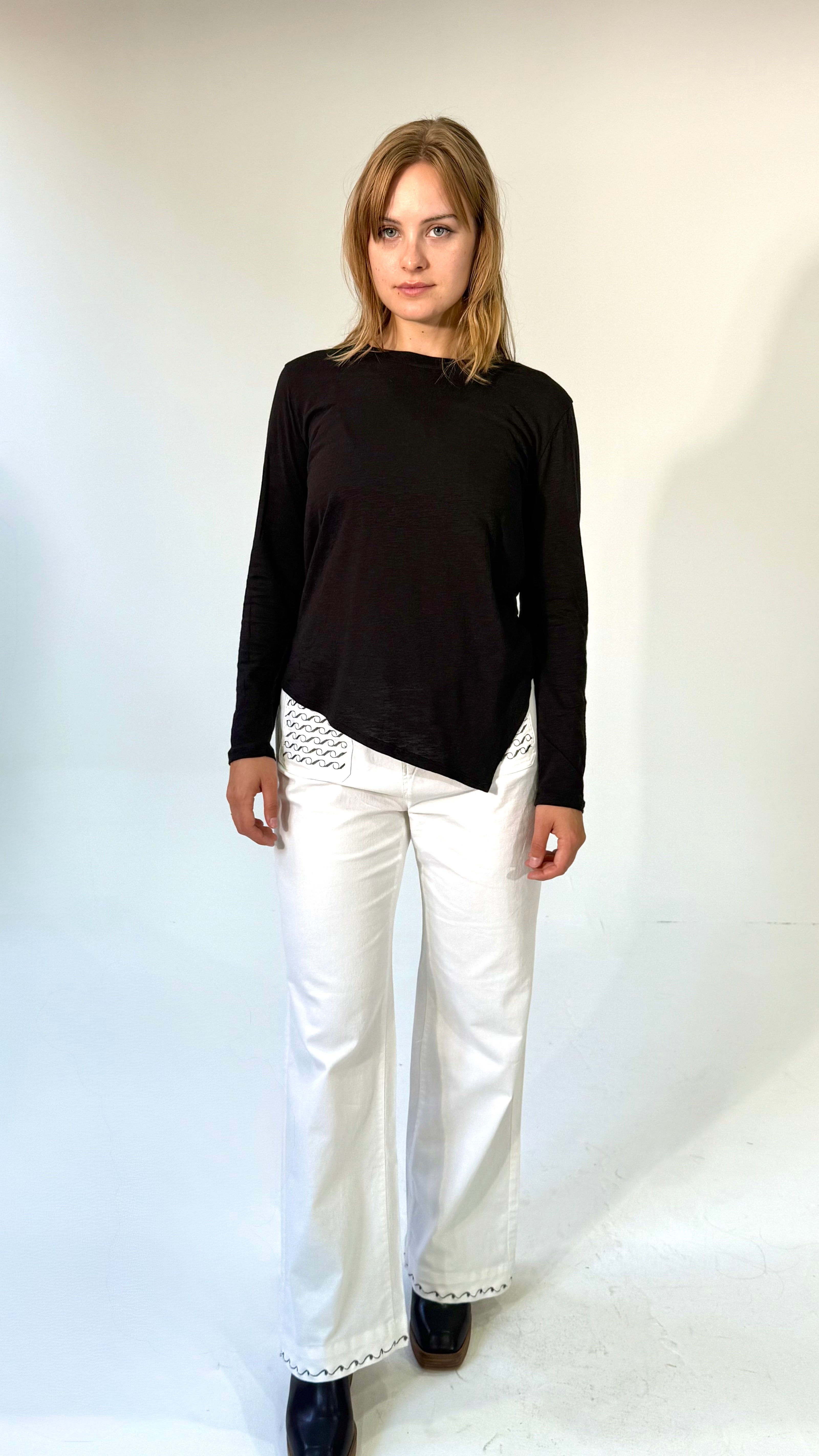 Crewneck Top- Asymmetrical Hemline Top-Black