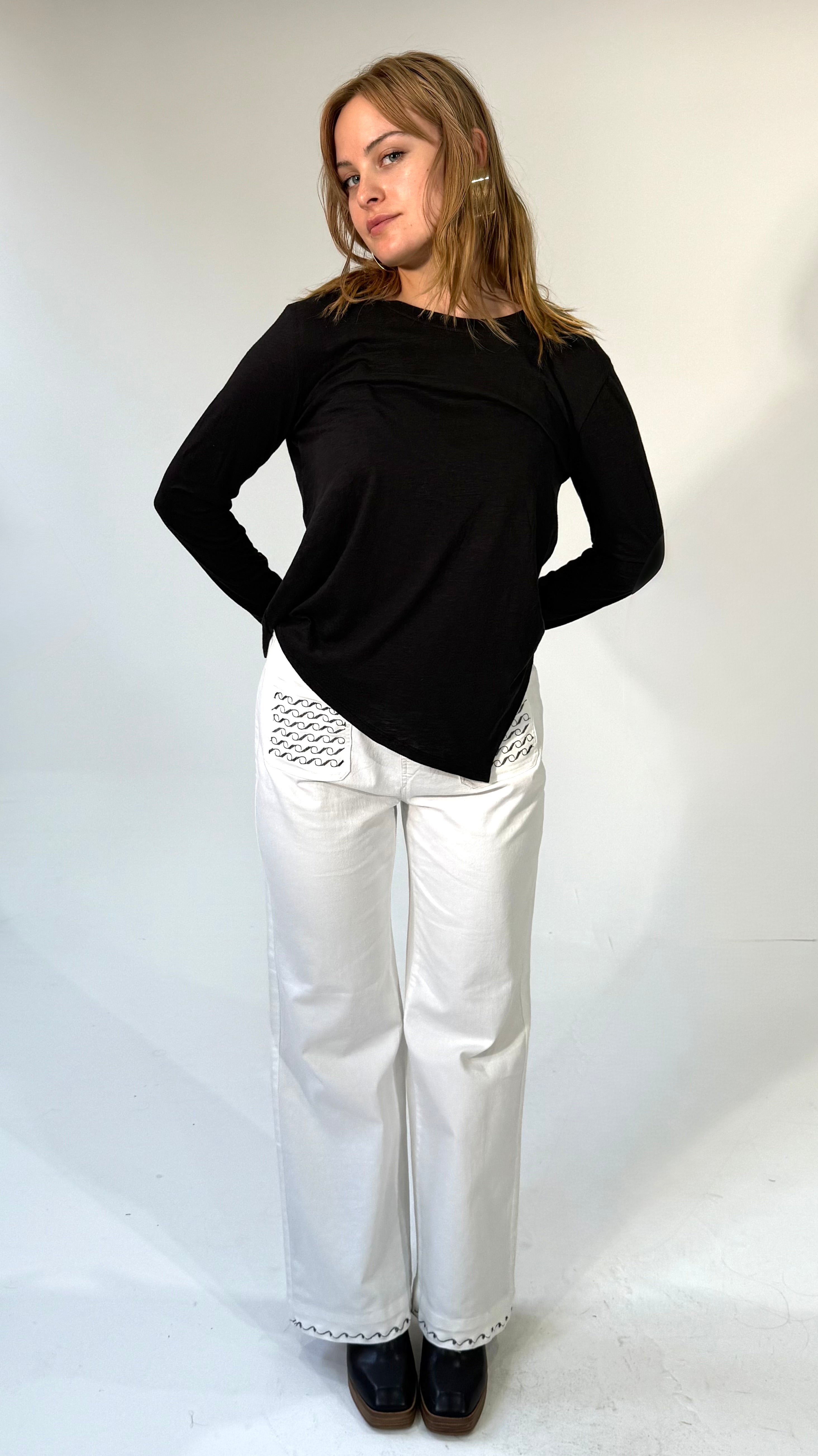 Crewneck Top- Asymmetrical Hemline Top-Black